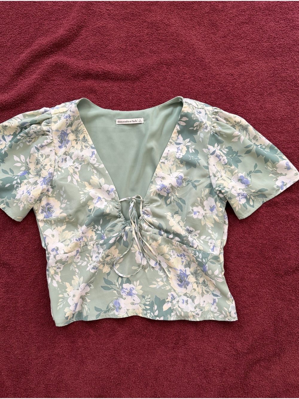 Abercrombie & Fitch Mint Green Floral Tie-Front V-Neck Blouse